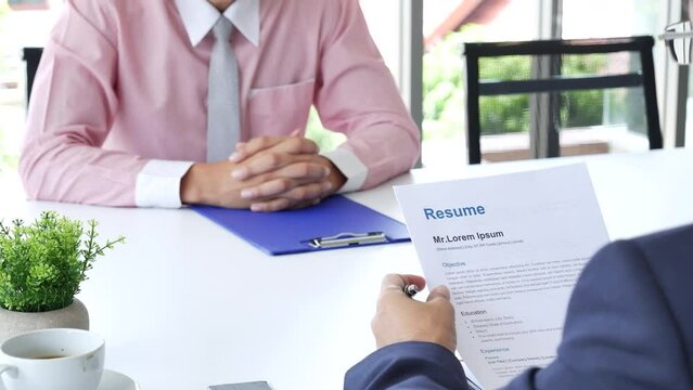 Job Interview with headhunter agent and applicant. Job HR applicants having an interview with Human resource manager jobs interviewing with confident candidate at business firm office give cv resume