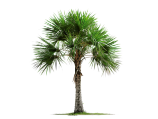 Isolated palmetto palm tree with lush green fronds and a stout trunk, symbolizing tropical landscapes and relaxation.