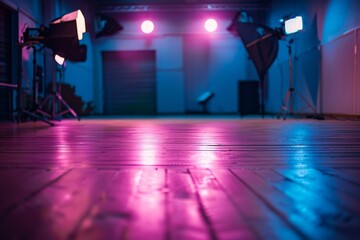 Lights that are on in a room with wood floors