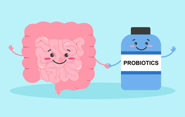 Cute healthy intestine with probiotics bottle cartoon character in flat design.