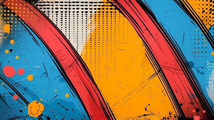 Fototapeta premium Vibrant pop art background with bold colors and geometric patterns, leaving ample space on the left for text. Bright and lively, featuring comic-style elements and halftone dots