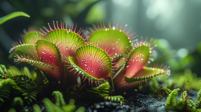 Close-up of venus flytrap plant with dewdrops in a lush rainforest