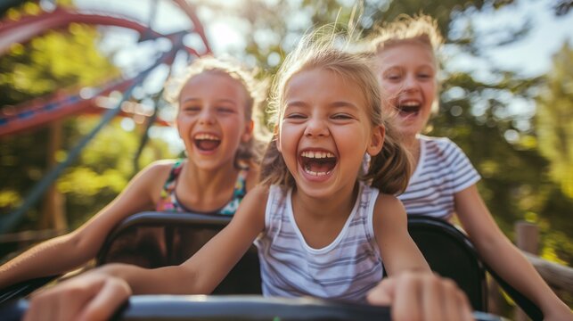 Young children girls riding a rollercoaster at an amusement park experiencing excitement, joy, laughter, and fun