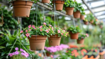 Hanging flower pots at a plant nursery
