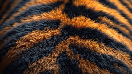 Close-up of tiger fur with black and orange stripes, detailed texture. Wildlife and nature concept