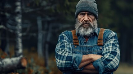 Close up of lumberjack man wearing blue shirt and beanie hat in the middle of the forest cross arms pose. Tree logging handyman carpenter.