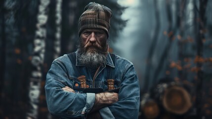 Obraz premium Close up of lumberjack man wearing blue shirt and beanie hat in the middle of the forest cross arms pose. Tree logging handyman carpenter.