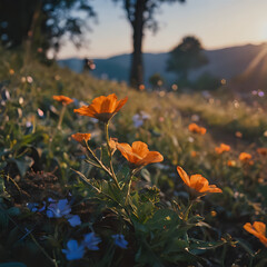 Obraz premium a many orange flowers in the field with the sun shining