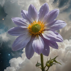 purple flower with yellow center in front of a cloudy sky