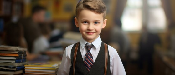 A young boy in a school uniform standing in front of books. Generative AI.