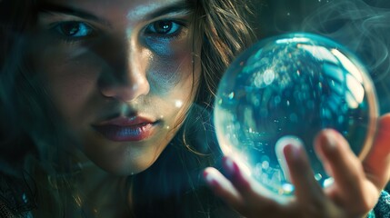 Naklejka premium A person holding a crystal ball, gazing into its depths with a thoughtful expression.