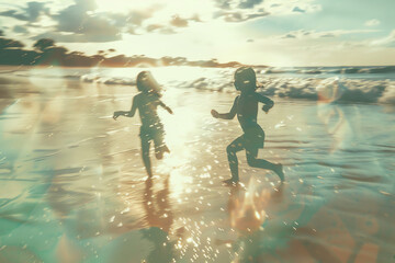 Fototapeta premium Kids running on the beach close up, focus on, copy space Energetic and funfilled scene Double exposure silhouette with ocean waves.