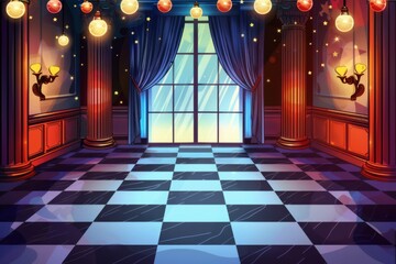 Cartoon illustration of a room with a checkered floor and a window