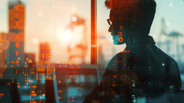 Manager analyzing logistics routes on a computer close up, focus on, copy space Professional and efficient atmosphere Double exposure silhouette with charts and maps.