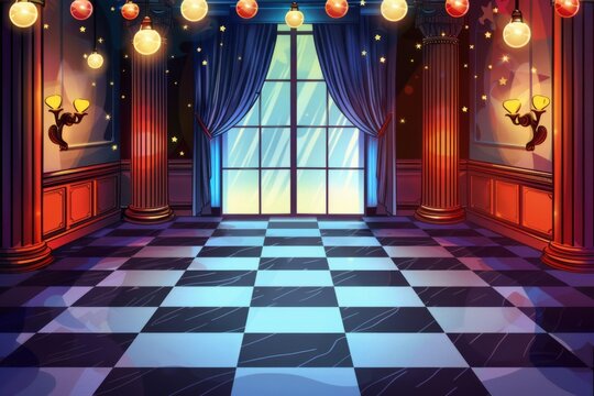 Cartoon illustration of a room with a checkered floor and a window