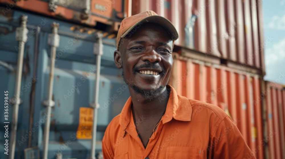 Poster a man in orange shirt smiling while standing next to a stack of containers. generative ai.