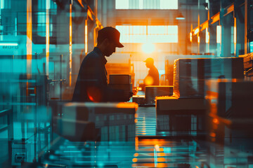 Warehouse team packing orders for shipment close up, focus on, copy space Bright and efficient tones Double exposure silhouette with boxes and conveyor belts.