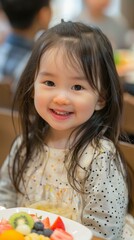 A little girl smiling at the camera in front of a plate full of fruit. Generative AI.