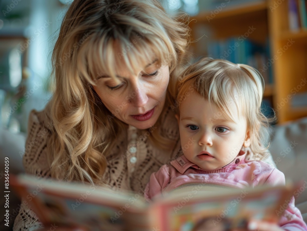 Poster A woman and a baby are reading together from the same book. Generative AI.