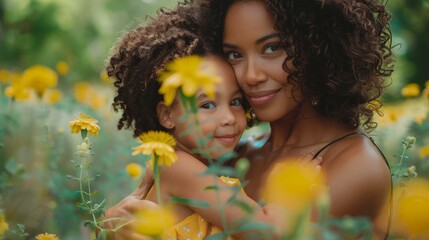 A woman and child in a field of yellow flowers. Generative AI.
