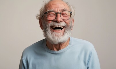 A man with a beard and glasses laughing. Generative AI.