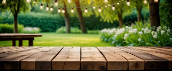 Wooden Table in Green Garden Setting