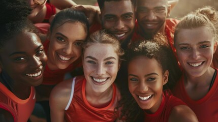 Fototapeta premium Team of athletes posing for photo after victory, showcasing teamwork and achievement