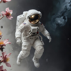astronaut floating in the air with flowers in the background
