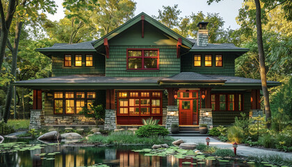 Front view of a newly constructed craftsman style emerald house with red accents, surrounded by a tranquil forest.