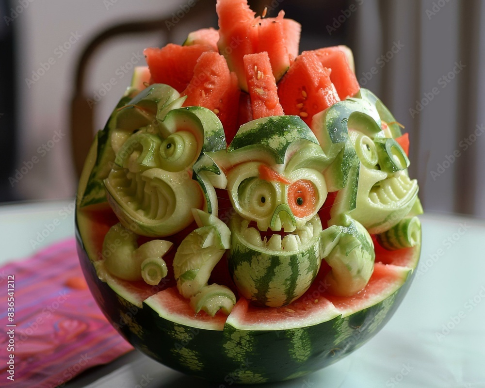 Canvas Prints A watermelon carved into a face with two eyes and mouth. AI.