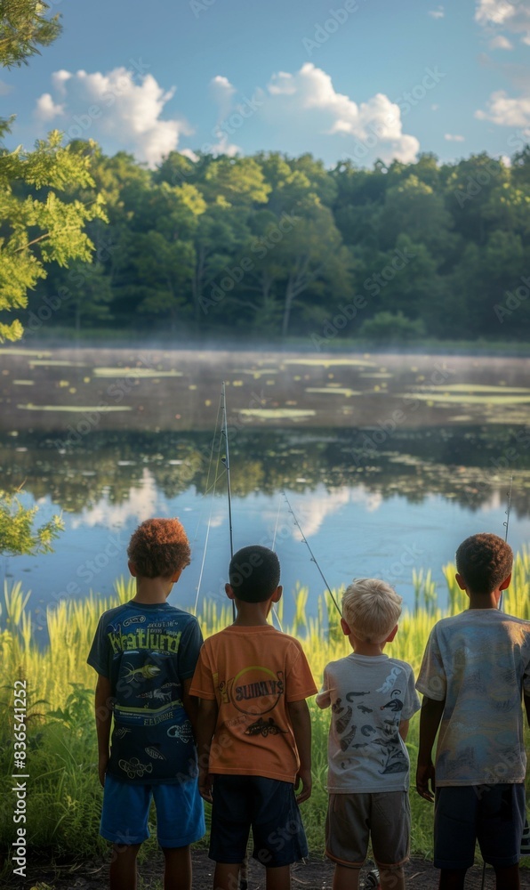 Poster A group of four boys standing in front of a lake fishing. AI.