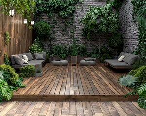 Obraz premium A wooden deck with a couch and some plants in the background. AI.