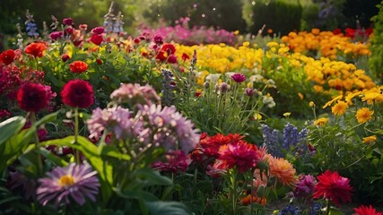 Fototapeta premium Summer's Palette: Vibrant Garden Bursting with Color, Blooming Spectacle: A Vibrant Garden in Full Summer Glory, Color Explosion: Vibrant Summer Garden in Full Bloom, Summer Symphony: Bursting Colors 