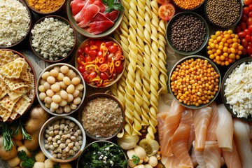 Many different types of food in bowls on a table, food background 