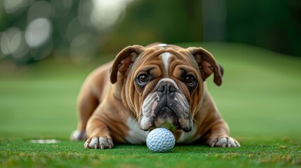 The image shows a cute bulldog with a golf ball in its mouth