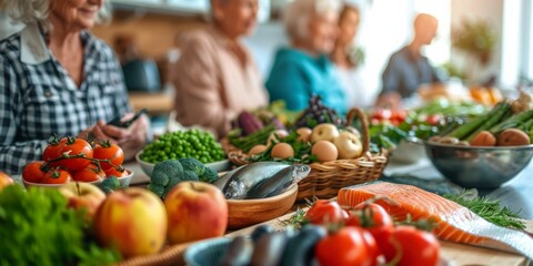 A group of people sitting at a table with food on it. AI.