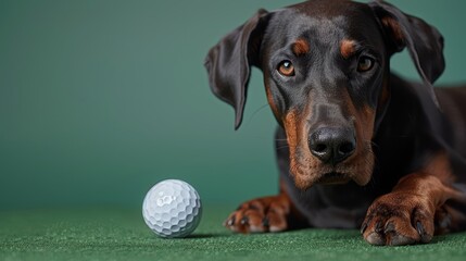 A Doberman Pinscher dog is lying on the green grass next to a golf ball. The dog has a serious expression on its face.