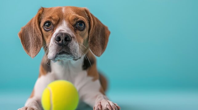 A cute beagle sits in front of a blue background with a yellow ball in front of him.