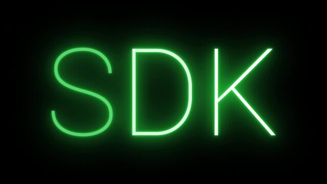 Flickering glowing green neon SDK sign animated black background