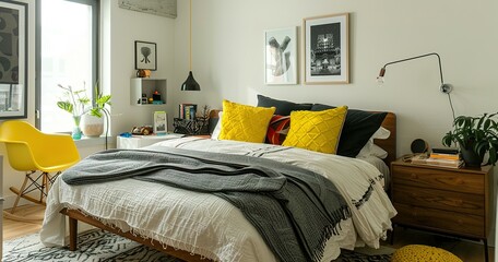 An interior shot of a modern bedroom featuring Scandinavian elements and small yellow accents, creating a cozy atmosphere. Editorial photography for Apartment Therapy.