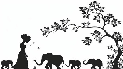 Naklejka premium A graceful woman marvels at a family of wild elephants in detailed silhouette artwork, capturing elegance and awe.
