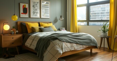An interior shot of a modern bedroom featuring Scandinavian elements and small yellow accents, creating a cozy atmosphere. Editorial photography for Apartment Therapy.