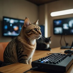 a cat sits on a desk in front of a computer keyboard.