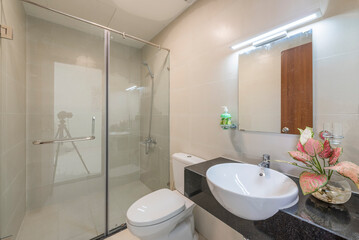 a modern bathroom with a glass shower enclosure, white toilet, vessel sink, mirror with lights, and pink flowers adding a touch of color.