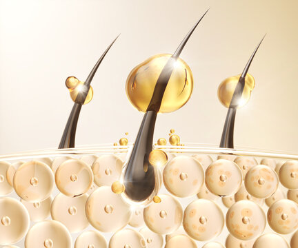 Nourish hair of shampoo or Oil Vitamin serum. Repair damaged hair concept, 3d rendering.