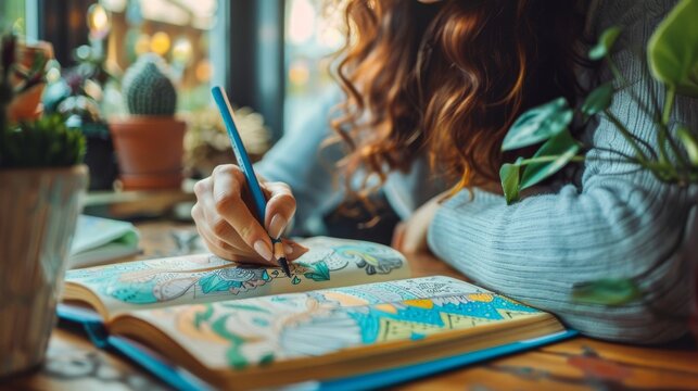 Woman practicing mindfulness with adult coloring book