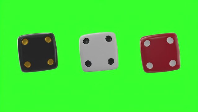 rolling dice isolate on green screen for casino or gambling concept 3d animation.
