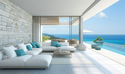 Naklejka premium Create an empty modern outdoor lounge with light grey and white wood walls, blue accent pillows on sofa, large window overlooking the ocean, stone wall accents, and white concrete flooring