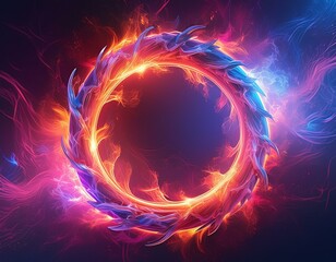 background with glowing circles, Intense ring of fire with a vibrant blue to red pink orange gradient on dark canvas