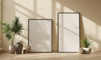 3d rendering, 2 large black framed blank picture frames on a beige wall, mockup template, home decor style, one frame with a square shape and the other with a landscape format, minimalist style